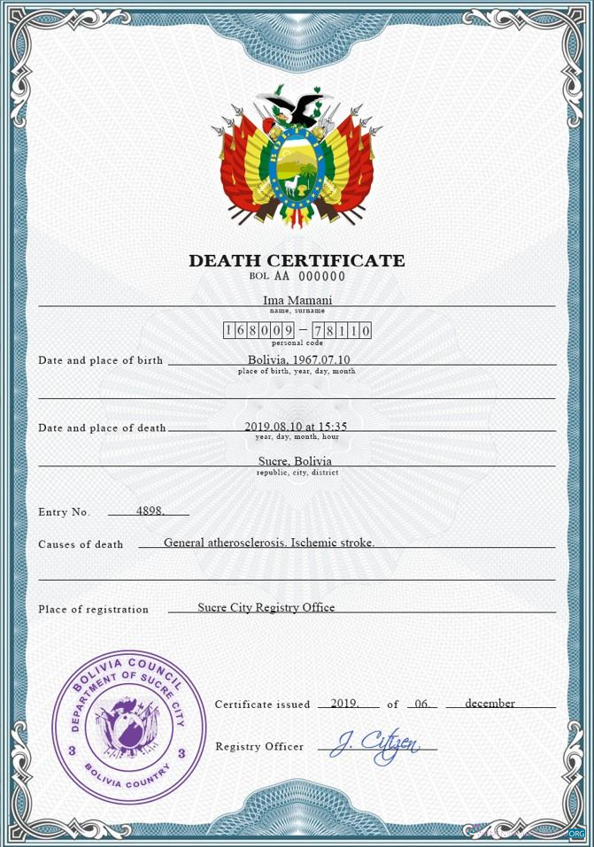 Download Bolivia death certificate PSD template Photoshop template